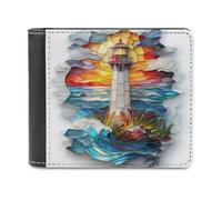 Anceky Stained Glass Lighthouse Soft PU Leather Bifold Wallet, Coin Purse Credit Pass Case, Durable Card-Holder Slim Billfold for Men Woman Money Storage