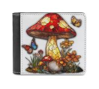 Anceky Stained Glass Mushroom with Flowers Butterflies Soft PU Leather Bifold Wallet, Coin Purse Credit Pass Case, Durable Card-Holder Slim Billfold for Men Woman Money Storage