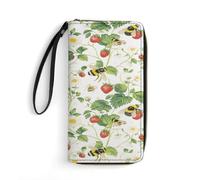 Anceky Strawberry Bee Garden Leather Wallet for Women with Wrist Strap Ladies Clutch Purses for Coin Smart Phone