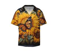 Anceky Sunflower Butterfly Printing Men's Beach Shirt Short Sleeves with Button Summer Cuban Shirt Hawaiian Shirt for Vacation