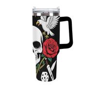 Anceky Travel Car Ice Cup Unisex Large Stainless Steel Vacuum Cup with Straw for Home Office Vintage Rock Snake Knife Wild Eagle Rose Skull