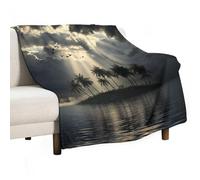 Anceky Tropical Ocean Flannel Throw Blanket, Warm Fleece Soft Cozy Sky Cloud Green Coconut Tree Plant Blanket for Couch Sofa Bed, 60x80 Inch