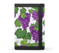 Anceky Violet Purple Grapes Bunch Vine with Green Leaves on White Trifold Wallet, Stylish Purse with Keychain, Credit Pass Case Card-Holder for Crash Bills Receipts Women Men 5 x 3.3 x 0.2 Inch