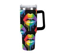 Anceky Women's Insulated Cup Stainless Steel Cup, Portable Travel Car Mug with Straw for Home Office LGBT Gay Homosexual Lesbian Rainbow Lips Pride