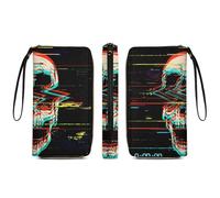 Anceky Women's Large Capacity Wallet, Pu Leather Travel Long Purse Modern Grunge Trippy Goth Skull Zipper Credit Card Holder with Multiple Card Slots