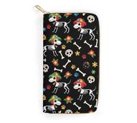 Anceky Women's Large Capacity Zipper Leather Wallet Sugar Skull Dog Skeleton Floral, Slim Compact Card Holder, Portable Purse for Mom, Wife & Daily Use