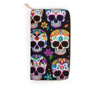 Anceky Women's Large Capacity Zipper Leather Wallet Sugar Skull, Slim Compact Card Holder, Portable Purse for Mom, Wife & Daily Use