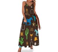 Anceky Womens Long Maxi Dress Casual Adjustable Spaghetti Strap V Neck Sundresses, Cowboy Western West Horse Cactus