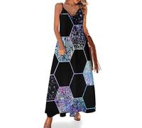 Anceky Womens Long Maxi Dress Casual Adjustable Spaghetti Strap V Neck Sundresses, Geometric Hexagon Modern Black Blue