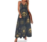 Anceky Womens Long Maxi Dress Casual Adjustable Spaghetti Strap V Neck Sundresses, Gold Evil Eye