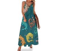 Anceky Women's Summer Maxi Dress Casual Sexy Sleeveless Vacation Long Sundresses, Electric Gecko Lizards Psychedelic