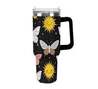 Anceky Women's Travel Coffee Tumbler Car Mug, Large Insulated Cup Stainless Steel Vacuum Ice Cup with Straw for Home Office Goth Butterfly Moth Sun Moon