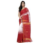 ANCHOL Saree Women's Traditional Bengal Cotton Silk Ikkat Soft Handwork Saree, White Red, One Size