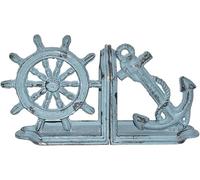 Anchor and Ship Wheel Bookends Decorative, Anchor and Captain’s Wheel Set, Heavy Duty Cast Iron, Nautical Coastal Book End for Office Home Desk Bookrack Shelves, Antique Blue