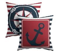 Anchor Compass Throw Pillow Cases Outdoor Nautical Pillow Covers Blue and White Stripes Decorative Cushion Cover 22x22 Inch Red and White Cotton Linen Pillowcases for Beach Coast Home Bedroom