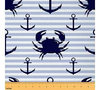 Anchor Decor Fabric by The Yard Nautical Ocean Navigation Theme Upholstery Fabric for Home DIY Projects Stripes Crab Pattern Decorative Waterproof Outdoor Fabric 1 Yard (L92*W150cm) Navy Blue