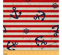 Anchor Fabric by The Yard for Chairs Blue Rudder Nautical Theme Upholstery Fabric for Arts DIY Vintage Red White Stripes Decorative Waterproof Outdoor Fabric,2 Yards