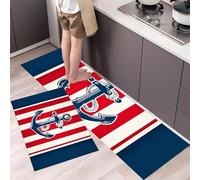 Anchor Kitchen Rug Set, 2 Pieces Non Slip and Anti Fatigue Vertical Red And White Stripes Kitchen Mat Set, Washable Floor Mat, Navy Blue Standing Mats for Hallway Bedroom 40x60cm+40x120cm