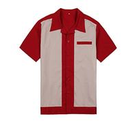 Anchor MSJ Men's 50s Male Clothing Cotton Short Sleeve Vintage Bowling Button-Down Shirts Red S