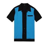 Anchor MSJ Men's 50s Male Clothing Rockabilly Style Casual Cotton Mens Shirts Short Sleeve Bowling Casual Button-Down Shirts - blue - XL
