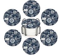 Anchor Navy Blue Set of 6 Absorbent Ceramic Coasters with Cork Base & Holder,10cm Round Drink Mats for Mugs, Wine Glasses - Spill Protection for Wood/Glass Tables