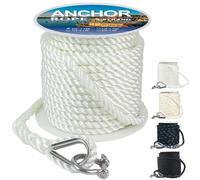 Anchor Rope 150 ft X 3/8 inch, 3-Strand Twisted Nylon Anchor Line, Boat Rope with Stainless Steel Thimble and Shackle for Boating, Anchoring, Mooring,Pulling (White)