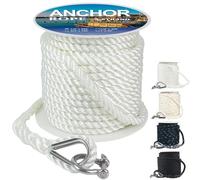 Anchor Rope 200 ft X 1/2 inch, 3-Strand Twisted Nylon Anchor Line, Boat Rope with Stainless Steel Thimble and Shackle for Boating, Anchoring, Mooring,Pulling (White)