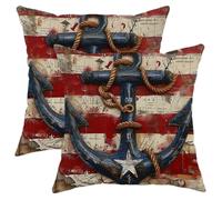 Anchor Throw Pillow Covers Set of 2 Vintage Farmhouse Star Nautical Ocean Theme Rustic American red Blue Soft Cozy Velvet Washable Outdoor Home Decor Square for Chair Bed Sofa Cushion Cover 16x16inch