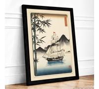 Anchored Vessel at Dawn Japandi Framed Wall Art Print A3 (42×29.7cm) Black, Wall Decor for Living Room, Bedroom, Office & Home, Ready to Hang, Art Gift