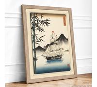 Anchored Vessel at Dawn Japandi Framed Wall Art Print A3 (42×29.7cm) Oak, Wall Decor for Living Room, Bedroom, Office & Home, Ready to Hang, Art Gift