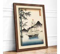 Anchored Vessel at Dawn Japandi Framed Wall Art Print A3 (42×29.7cm) Walnut, Wall Decor for Living Room, Bedroom, Office & Home, Ready to Hang, Art Gift