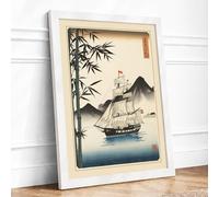 Anchored Vessel at Dawn Japandi Framed Wall Art Print A3 (42×29.7cm) White, Wall Decor for Living Room, Bedroom, Office & Home, Ready to Hang, Art Gift