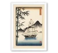 Anchored Vessel at Dawn Japandi Framed Wall Art Print A4 (29.7×21cm) White, Wall Decor for Living Room, Bedroom, Office & Home, Ready to Hang, Art Gift