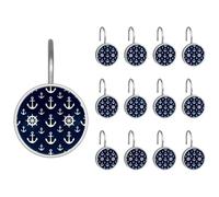 Anchors and Steering Wheels on Navy Blue Background Rustproof Shower Curtain Hooks, Stainless Steel Shower Curtain Rings Hangers for Bathroom Window Curtains, 12 Pack