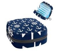 Anchors and Steering Wheels on Navy Blue Background Sanitary Napkin Storage Bag, Large Menstrual Cup Pouch with Zipper, Period Pads Bag Store Panty Liners Tampons for Girls Women