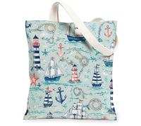 Anchors Canvas Tote Bag for Women, Nautical Coastal Lighthouse Ship Summer Blue Washable Reusable Everyday Tote Bag for Sho, Blue, 13x15 Inch