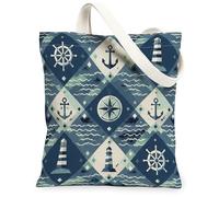 Anchors Canvas Tote Bag for Women, Nautical Maritime Lighthouse Compass Summer Navy Washable Reusable Shopping Bag Ideas for Travel Work Shopping Bookstore 13x15 Inch