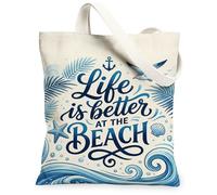 Anchors Canvas Tote Bag for Women, Summer Coastal Starfish Shell Summer Blue Washable Reusable Everyday Tote Bags Ideas for Travel Work Shopping Bookstore 13x15 Inch