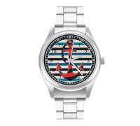 Anchors on A Blue Striped Quartz Watch Stainless Steel Wrist Watches for Men Women Easy to Read