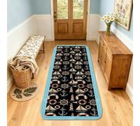 Anchors Runner Rug, Nautical Coastal Lighthouse Sailboat Summer Navy Blue Low Pile Sponge Indoor Rectangle Carpet Non Shedding for Kitchen Laundry Room Doorway Entryway Decor 2x8 Ft