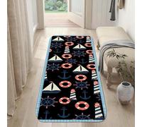 Anchors Runner Rug, Nautical Coastal Lighthouse Sailboat Summer Navy Non-Slip Home Floor Rectangle Print Carpet for Kitchen Entryway Bedside Laundry Decor 2x8 Ft