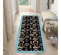 Anchors Runner Rug, Nautical Coastal Sailboat Lighthouse Summer Navy Blue Low Pile Sponge Edge Binding Home Rectangle Carpet for Kitchen Bedside Entryway Hallway Decor 2x8 Ft