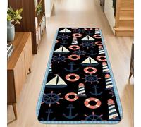 Anchors Runner Rug, Nautical Playful Lighthouse Sailboat Summer Navy Blue Non-Slip Indoor Rectangle Carpet Non Shedding for Kitchen Entryway Bedside Doorway Hallway Decor 2x8 Ft