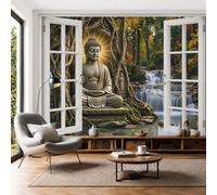 Ancient Banyan Tree Buddha Statue Wall Murals 400x280cm Mural Wallpaper Zen-Like Forests Streams Wall Art Large Format Digital Print for Bedroom Living Room Tv Background Wall Decoration, Brown