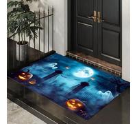 Ancient Cemetery Gate Indoor Washable Dirt Trapper Non Slip Entrance Rug, 80x120 cm Absorbent Thin Low Profile Doormat, Blue Inside Floor Mat, Scary Ghost Pumpkin Carpet for Front Back Door