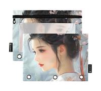Ancient Chinese Beauty Pencil case Binder pouching 3 Ringing with Clear Window Pencil Bags with Zipper Reinforced Grommets Three Ringing Binder for Storing School Office Supplies Multicolored 2 PCS