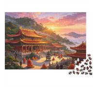 Ancient Chinese Temple 1000 Piece Jigsaw Puzzle Paper for Adults Sunset Mountain View Focus Leisure Family Decor Gift 52x38cm/1000pcs