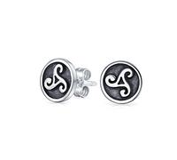 Ancient Circle Round Disc Spiral Small Celtic Irish Trinity Symbol Triskele Stud Earrings For Men Women Oxidized .925 Sterling Silver