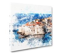 Ancient City Walls of Dubrovnik in Croatia Watercolour Canvas Print | Gallery Wrapped 30mm Frame Wall Art | 20x20 inches | Ready to Hang | Modern Cityscape Picture | Living Room Bedroom Lounge Office