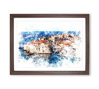 Ancient City Walls Of Dubrovnik In Croatia Watercolour Modern Framed Wall Art Print, Ready to Hang Picture for Living Room Bedroom Home Office Décor, Walnut A4 (34 x 25 cm)